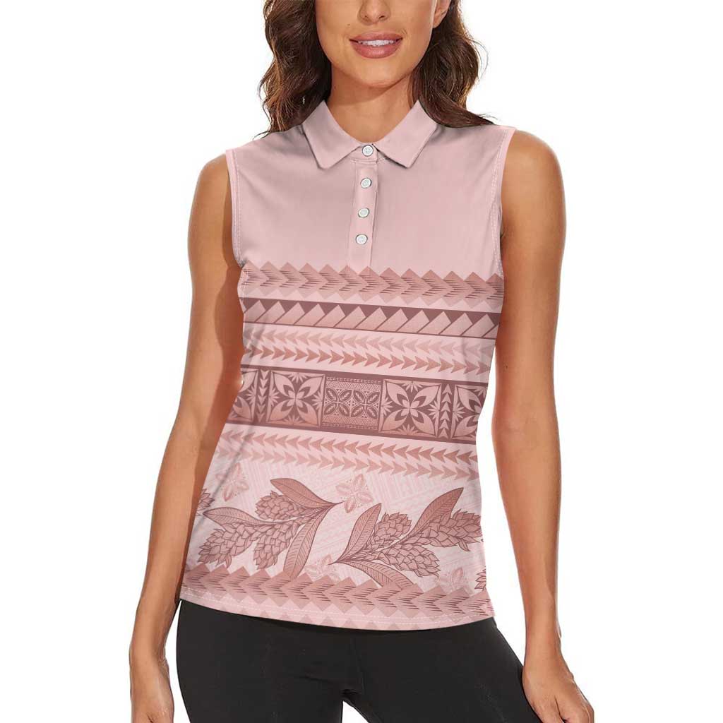 Pastel Pink Samoa Siapo Teuila Flowers Women Sleeveless Polo Shirt - Polynesian Pride