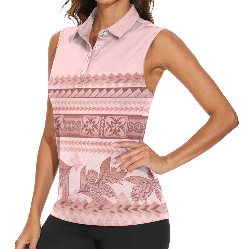 Pastel Pink Samoa Siapo Teuila Flowers Women Sleeveless Polo Shirt - Polynesian Pride