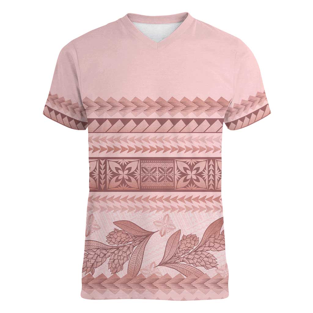 Pastel Pink Samoa Siapo Teuila Flowers Women V-Neck T-Shirt - Polynesian Pride
