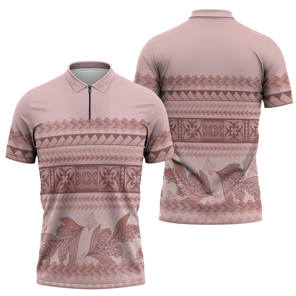 Pastel Pink Samoa Siapo Teuila Flowers Zipper Polo Shirt - Polynesian Pride