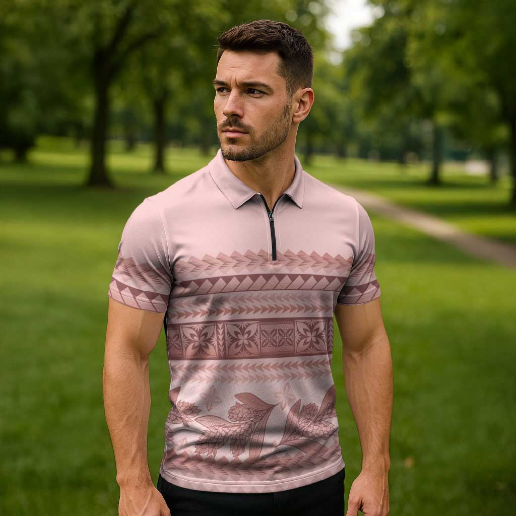 Pastel Pink Samoa Siapo Teuila Flowers Zipper Polo Shirt - Polynesian Pride