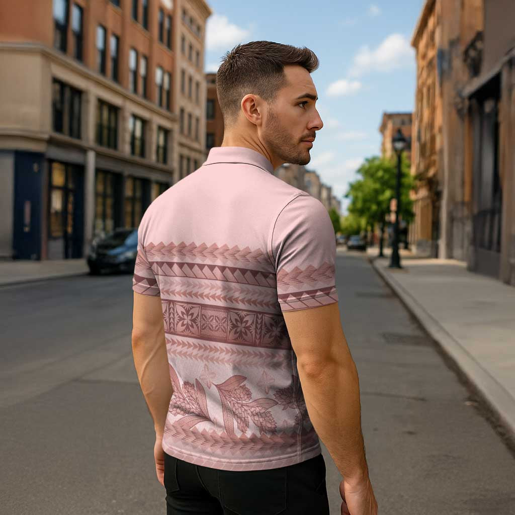 Pastel Pink Samoa Siapo Teuila Flowers Zipper Polo Shirt - Polynesian Pride