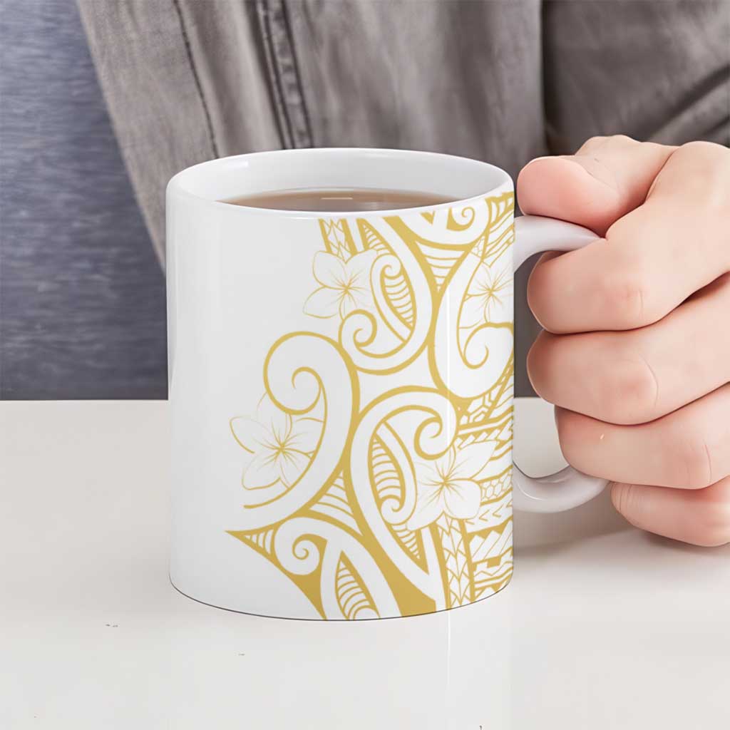 Polynesia White Sunday Ceramic Mug Plumeria Polynesian Tribal Gold Color - Polynesian Pride