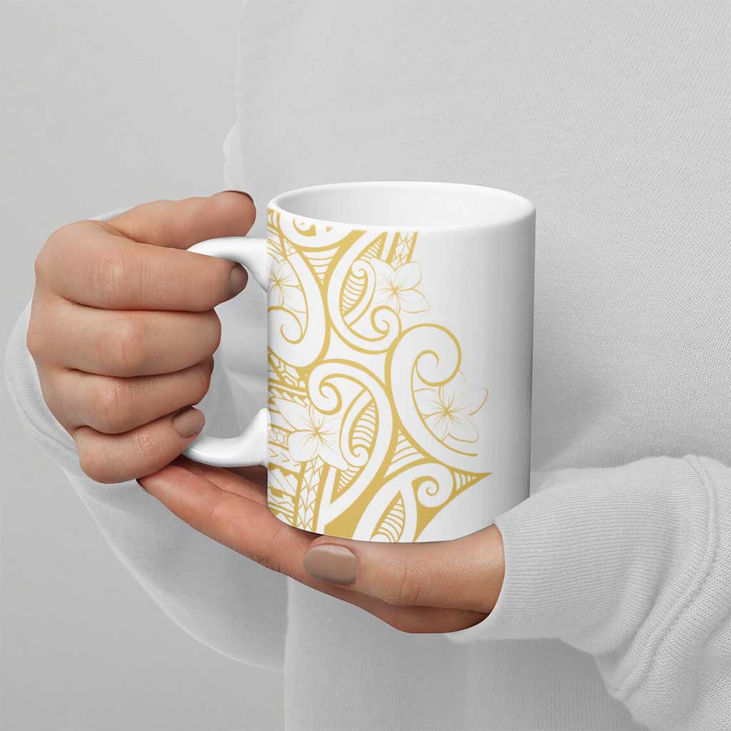 Polynesia White Sunday Ceramic Mug Plumeria Polynesian Tribal Gold Color - Polynesian Pride