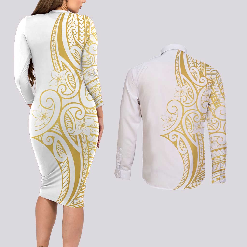 Polynesia White Sunday Couples Matching Long Sleeve Bodycon Dress and Long Sleeve Button Shirt Plumeria Polynesian Tribal Gold Color - Polynesian Pride