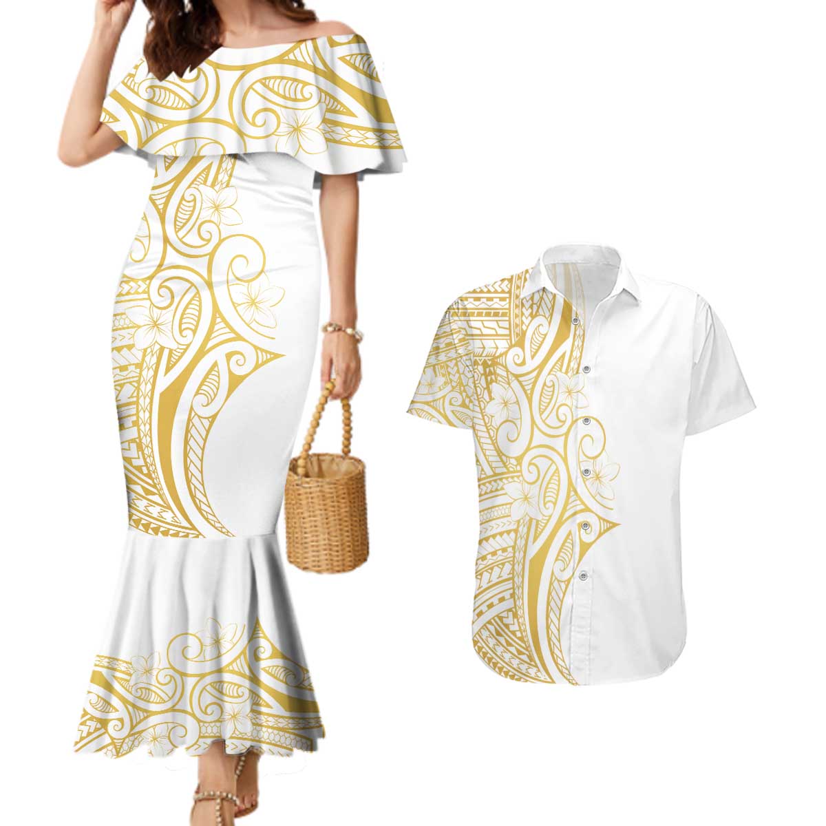 Polynesia White Sunday Couples Matching Mermaid Dress and Hawaiian Shirt Plumeria Polynesian Tribal Gold Color - Polynesian Pride