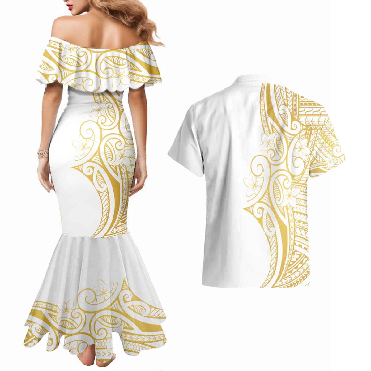 Polynesia White Sunday Couples Matching Mermaid Dress and Hawaiian Shirt Plumeria Polynesian Tribal Gold Color LT14 - Polynesian Pride