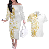 Polynesia White Sunday Couples Matching Off The Shoulder Long Sleeve Dress and Hawaiian Shirt Plumeria Polynesian Tribal Gold Color LT14 White - Polynesian Pride