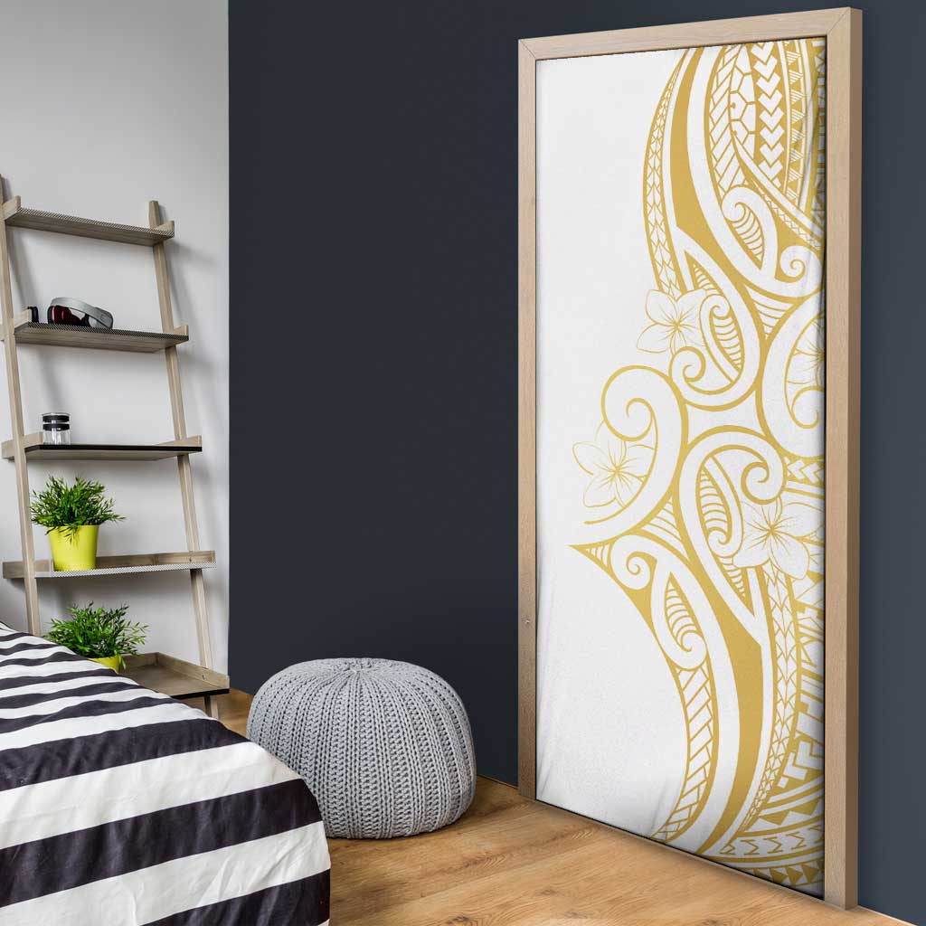 Polynesia White Sunday Door Cover Plumeria Polynesian Tribal Gold Color - Polynesian Pride