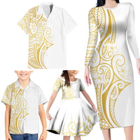 Polynesia White Sunday Family Matching Long Sleeve Bodycon Dress and Hawaiian Shirt Plumeria Polynesian Tribal Gold Color LT14 - Polynesian Pride