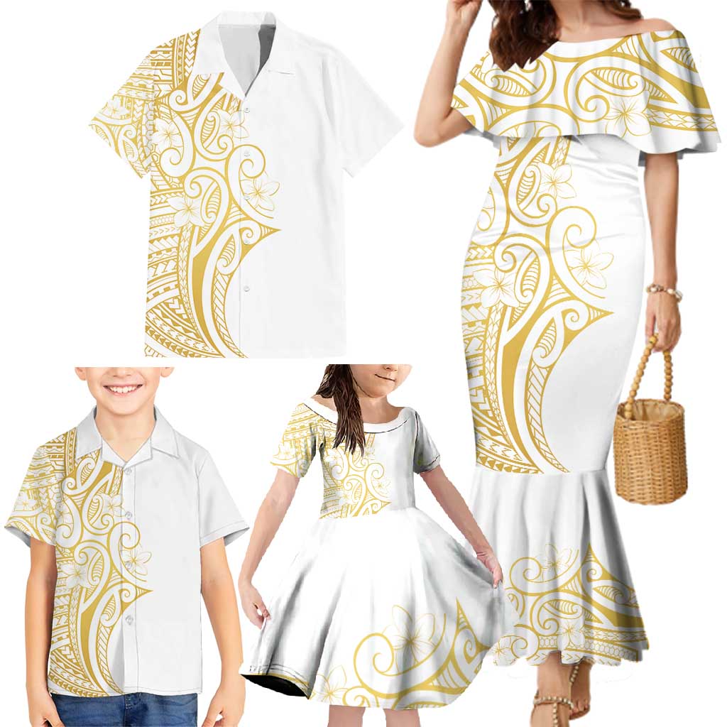 Polynesia White Sunday Family Matching Mermaid Dress and Hawaiian Shirt Plumeria Polynesian Tribal Gold Color LT14 - Polynesian Pride