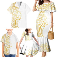 Polynesia White Sunday Family Matching Mermaid Dress and Hawaiian Shirt Plumeria Polynesian Tribal Gold Color LT14 - Polynesian Pride