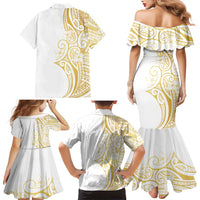 Polynesia White Sunday Family Matching Mermaid Dress and Hawaiian Shirt Plumeria Polynesian Tribal Gold Color LT14 - Polynesian Pride