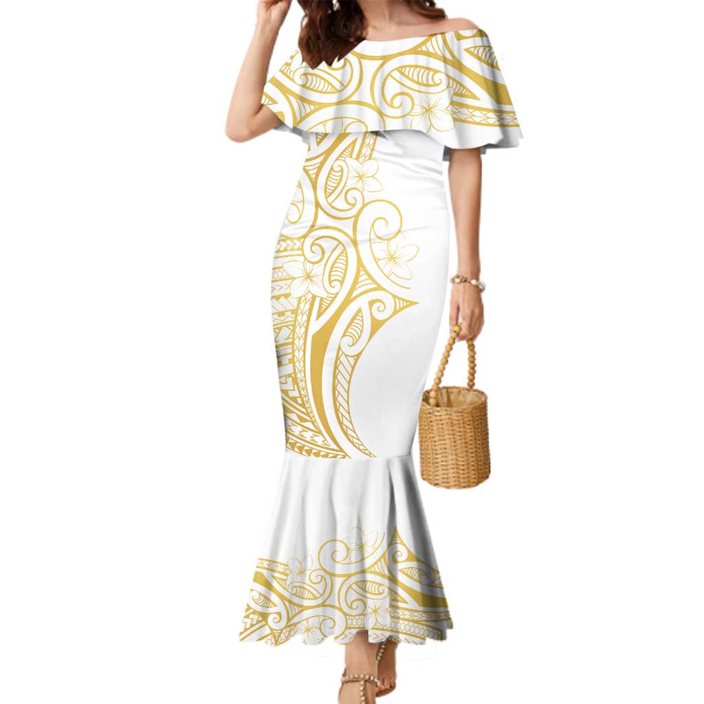 Polynesia White Sunday Family Matching Mermaid Dress and Hawaiian Shirt Plumeria Polynesian Tribal Gold Color LT14 Mom's Dress White - Polynesian Pride