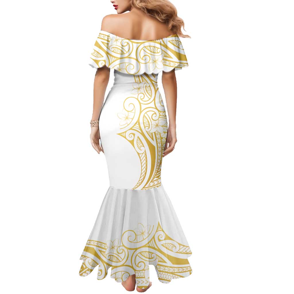 Polynesia White Sunday Family Matching Mermaid Dress and Hawaiian Shirt Plumeria Polynesian Tribal Gold Color LT14 - Polynesian Pride