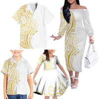 Polynesia White Sunday Family Matching Off The Shoulder Long Sleeve Dress and Hawaiian Shirt Plumeria Polynesian Tribal Gold Color LT14 - Polynesian Pride