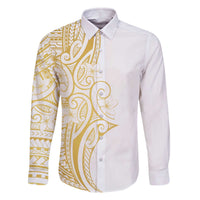 Polynesia White Sunday Family Matching Off The Shoulder Long Sleeve Dress and Hawaiian Shirt Plumeria Polynesian Tribal Gold Color LT14 Dad's Shirt - Long Sleeve White - Polynesian Pride