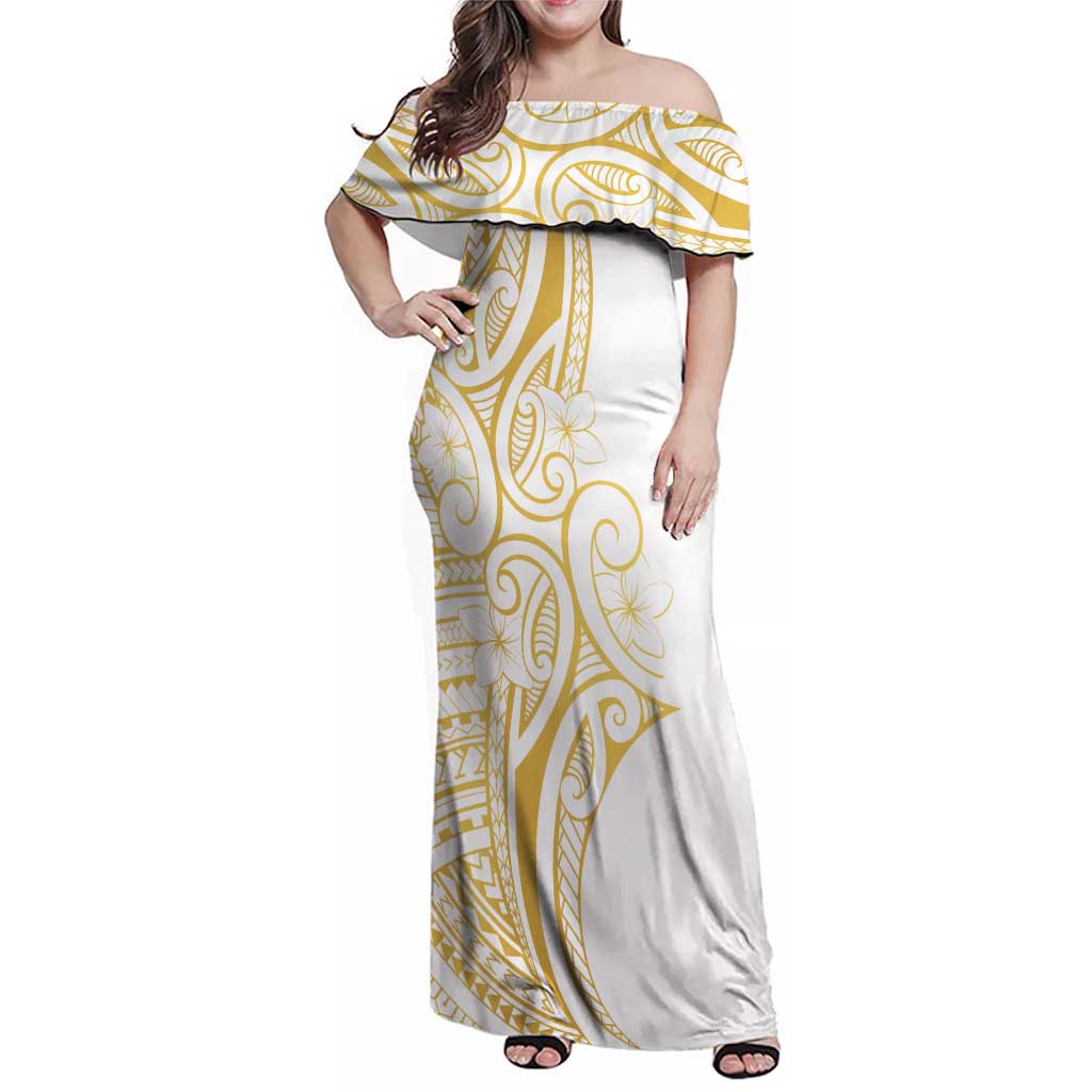 Polynesia White Sunday Family Matching Off Shoulder Maxi Dress and Hawaiian Shirt Plumeria Polynesian Tribal Gold Color LT14 Mom's Dress White - Polynesian Pride