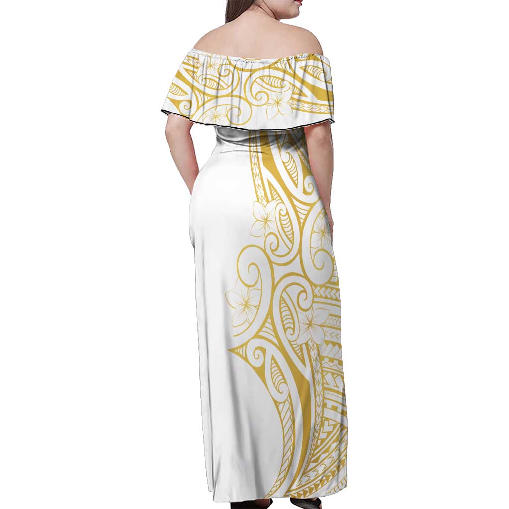 Polynesia White Sunday Family Matching Off Shoulder Maxi Dress and Hawaiian Shirt Plumeria Polynesian Tribal Gold Color LT14 - Polynesian Pride