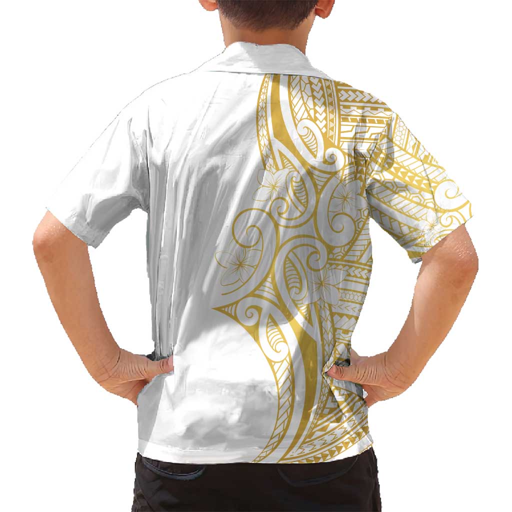 Polynesia White Sunday Family Matching Off Shoulder Short Dress and Hawaiian Shirt Plumeria Polynesian Tribal Gold Color LT14 - Polynesian Pride