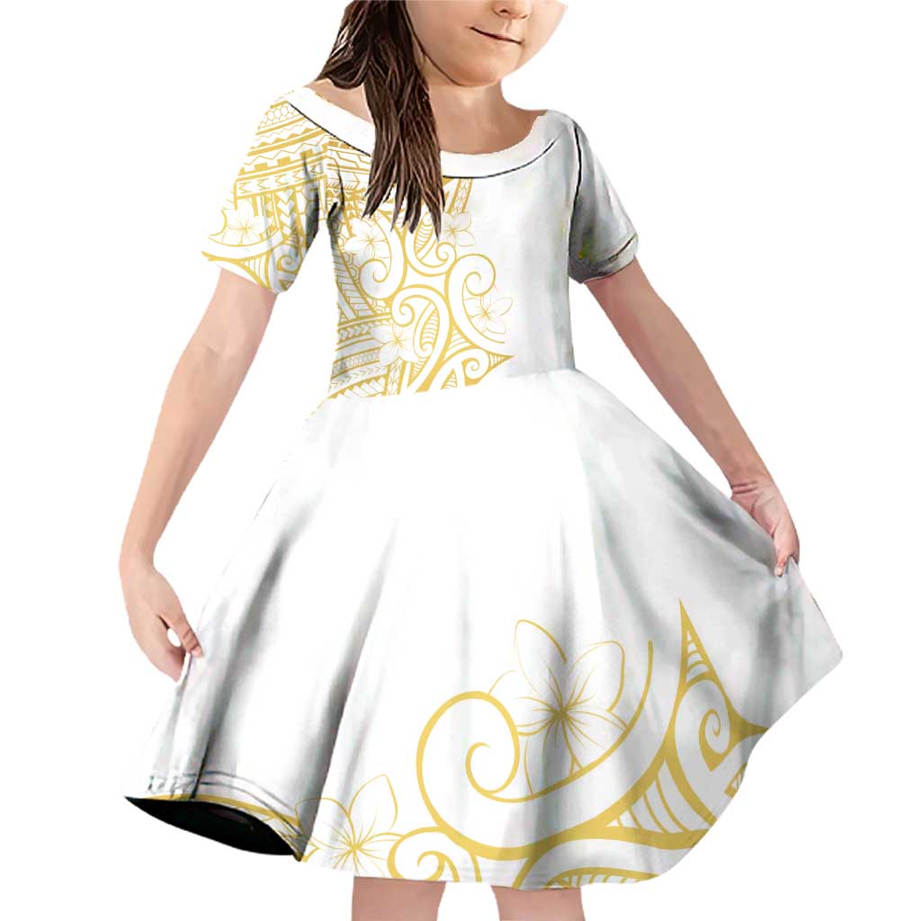 Polynesia White Sunday Family Matching Off Shoulder Short Dress and Hawaiian Shirt Plumeria Polynesian Tribal Gold Color LT14 Daughter's Dress White - Polynesian Pride