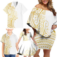 Polynesia White Sunday Family Matching Off Shoulder Short Dress and Hawaiian Shirt Plumeria Polynesian Tribal Gold Color LT14 - Polynesian Pride