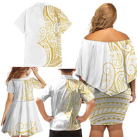 Polynesia White Sunday Family Matching Off Shoulder Short Dress and Hawaiian Shirt Plumeria Polynesian Tribal Gold Color LT14 - Polynesian Pride