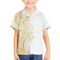 Polynesia White Sunday Family Matching Off Shoulder Short Dress and Hawaiian Shirt Plumeria Polynesian Tribal Gold Color LT14 Son's Shirt White - Polynesian Pride