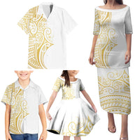 Polynesia White Sunday Family Matching Puletasi and Hawaiian Shirt Plumeria Polynesian Tribal Gold Color LT14 - Polynesian Pride