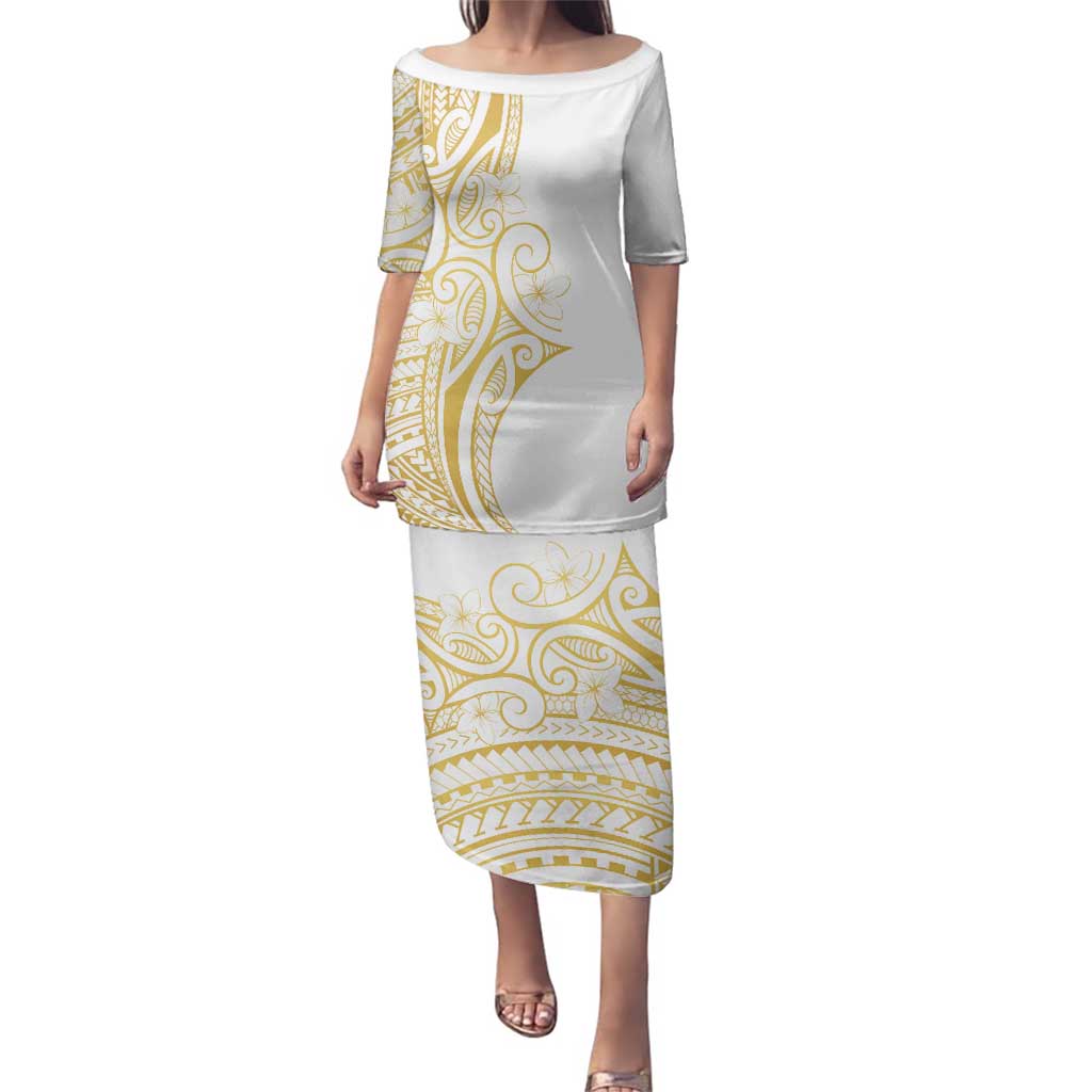 Polynesia White Sunday Family Matching Puletasi and Hawaiian Shirt Plumeria Polynesian Tribal Gold Color LT14 Mom's Dress White - Polynesian Pride