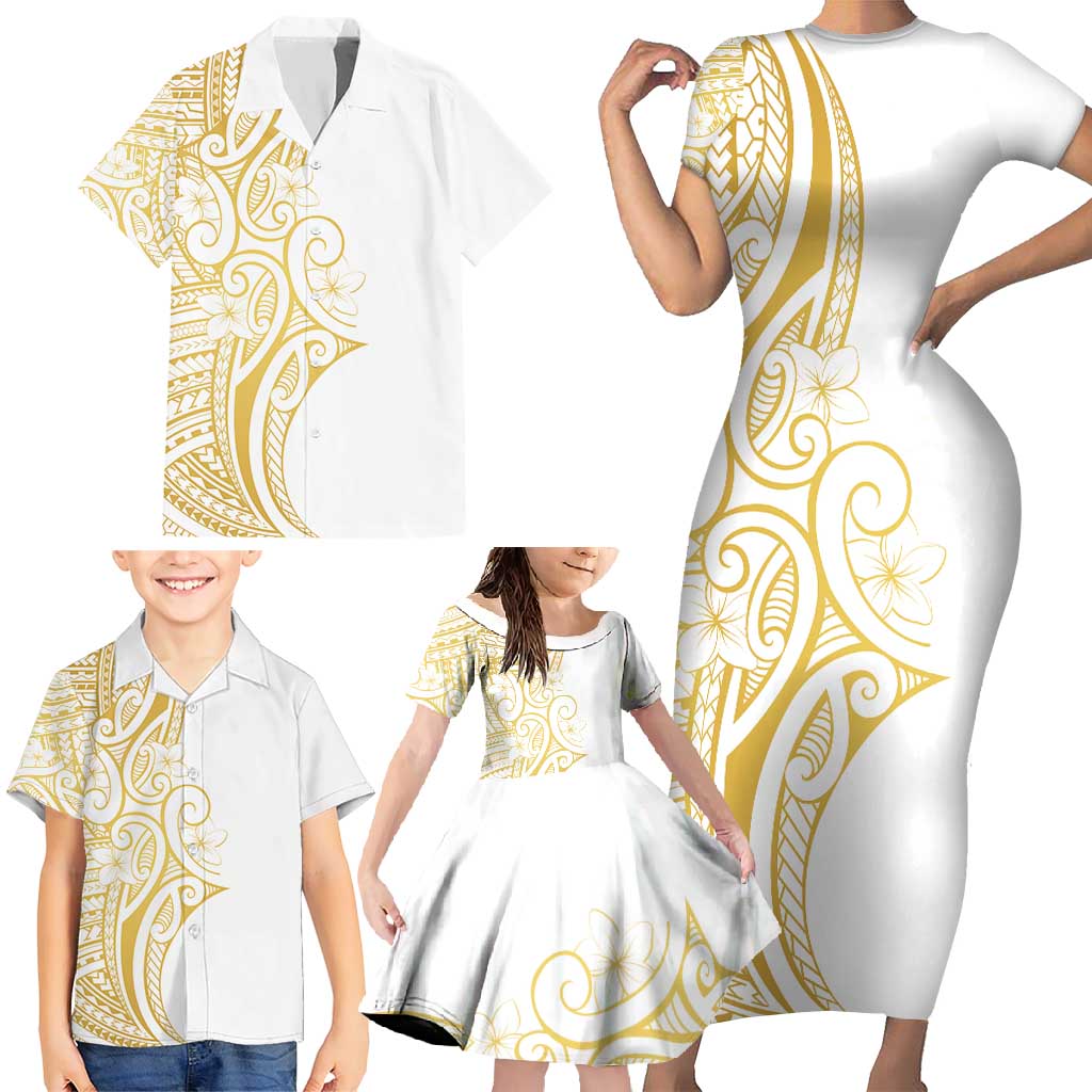 Polynesia White Sunday Family Matching Short Sleeve Bodycon Dress and Hawaiian Shirt Plumeria Polynesian Tribal Gold Color LT14 - Polynesian Pride