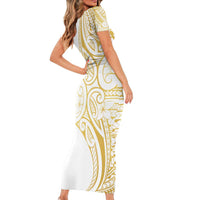 Polynesia White Sunday Family Matching Short Sleeve Bodycon Dress and Hawaiian Shirt Plumeria Polynesian Tribal Gold Color LT14 - Polynesian Pride