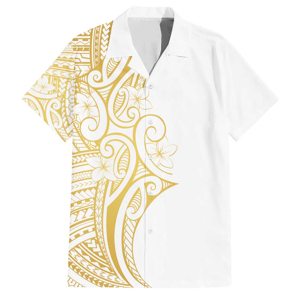 Polynesia White Sunday Hawaiian Shirt Plumeria Polynesian Tribal Gold Color - Polynesian Pride