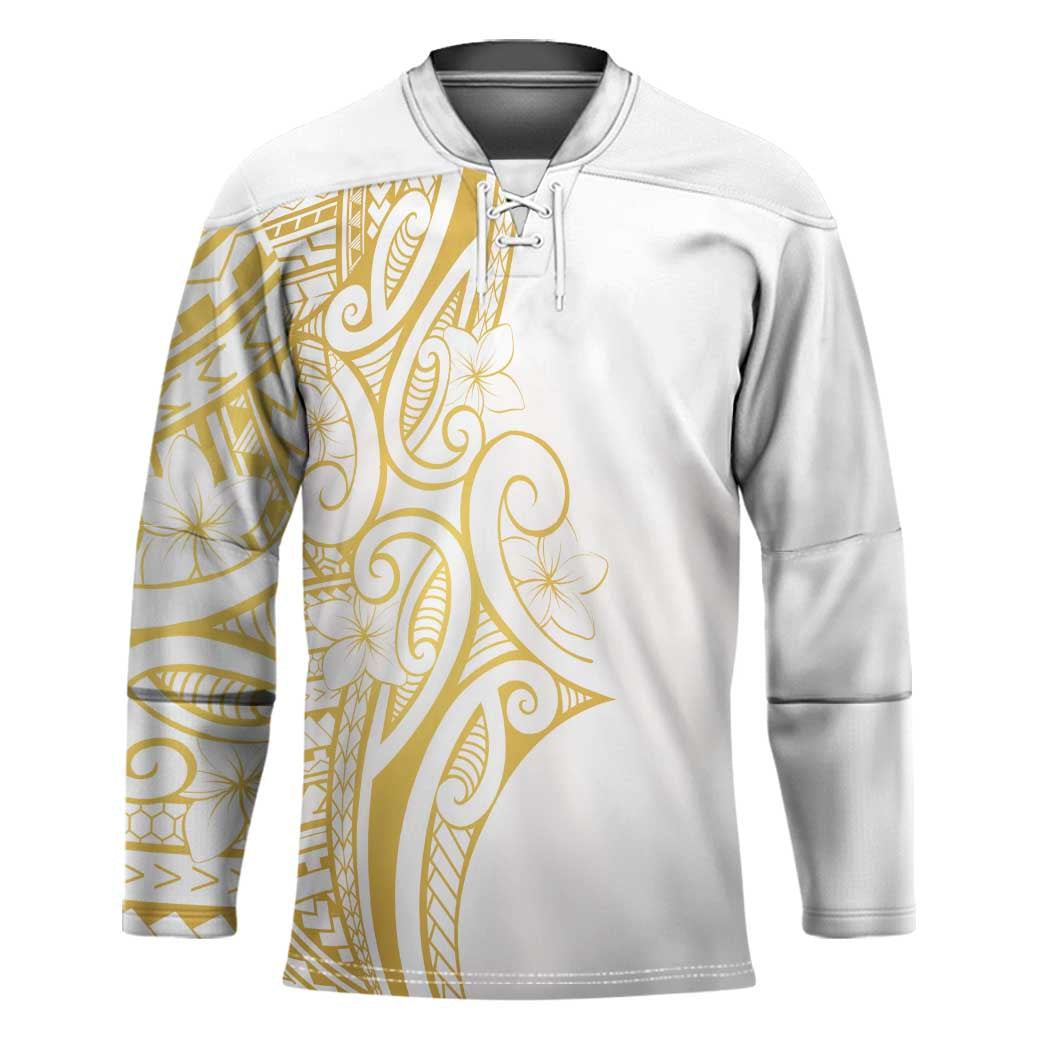 Polynesia White Sunday Hockey Jersey Plumeria Polynesian Tribal Gold Color - Polynesian Pride