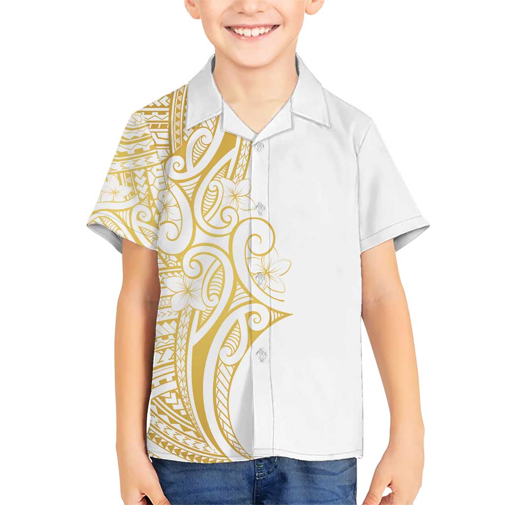 Polynesia White Sunday Kid Hawaiian Shirt Plumeria Polynesian Tribal Gold Color - Polynesian Pride