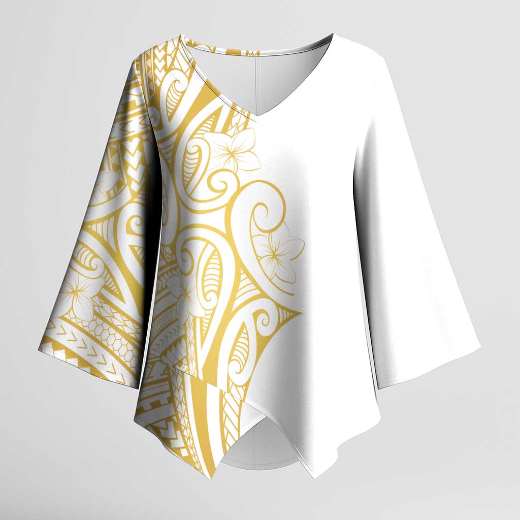 Polynesia White Sunday Kimono Sleeve Blouse Plumeria Polynesian Tribal Gold Color LT14 Female White - Polynesian Pride