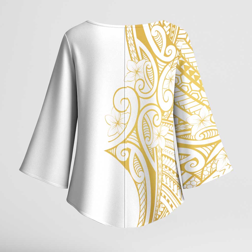 Polynesia White Sunday Kimono Sleeve Blouse Plumeria Polynesian Tribal Gold Color LT14 - Polynesian Pride