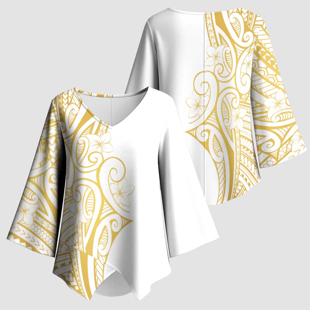 Polynesia White Sunday Kimono Sleeve Blouse Plumeria Polynesian Tribal Gold Color LT14 - Polynesian Pride