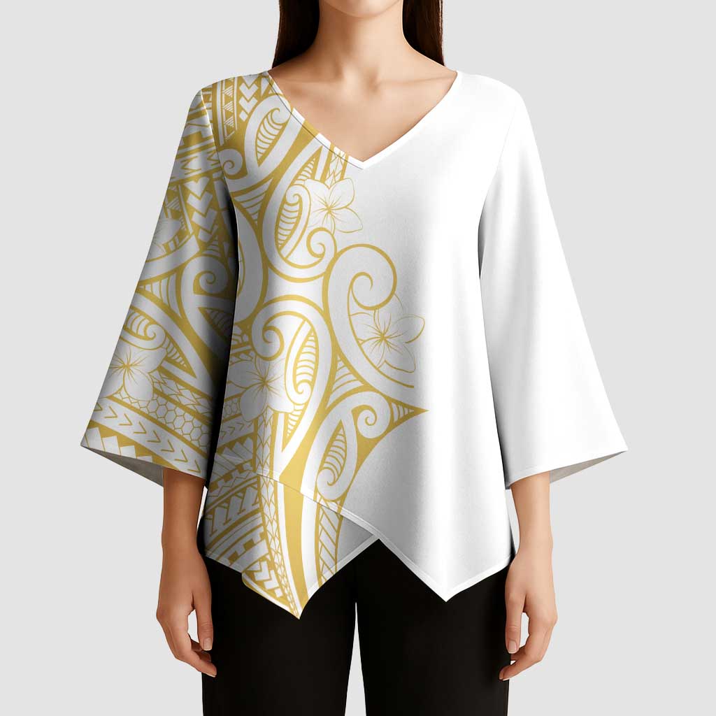 Polynesia White Sunday Kimono Sleeve Blouse Plumeria Polynesian Tribal Gold Color LT14 - Polynesian Pride