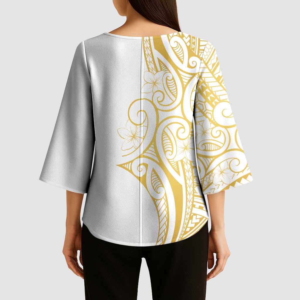 Polynesia White Sunday Kimono Sleeve Blouse Plumeria Polynesian Tribal Gold Color LT14 - Polynesian Pride