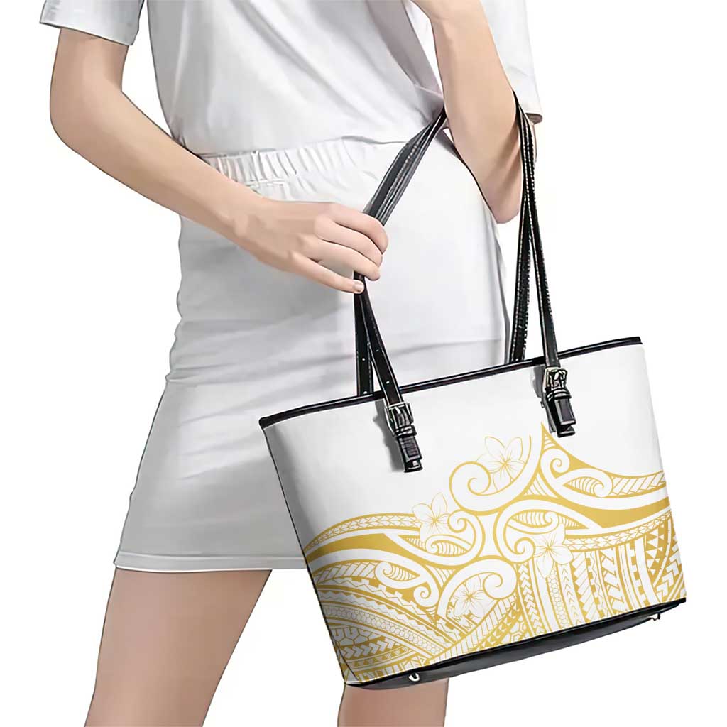 Polynesia White Sunday Leather Tote Bag Plumeria Polynesian Tribal Gold Color LT14 - Polynesian Pride