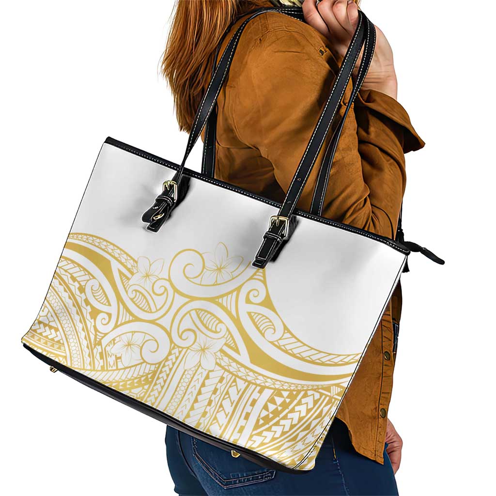 Polynesia White Sunday Leather Tote Bag Plumeria Polynesian Tribal Gold Color LT14 - Polynesian Pride