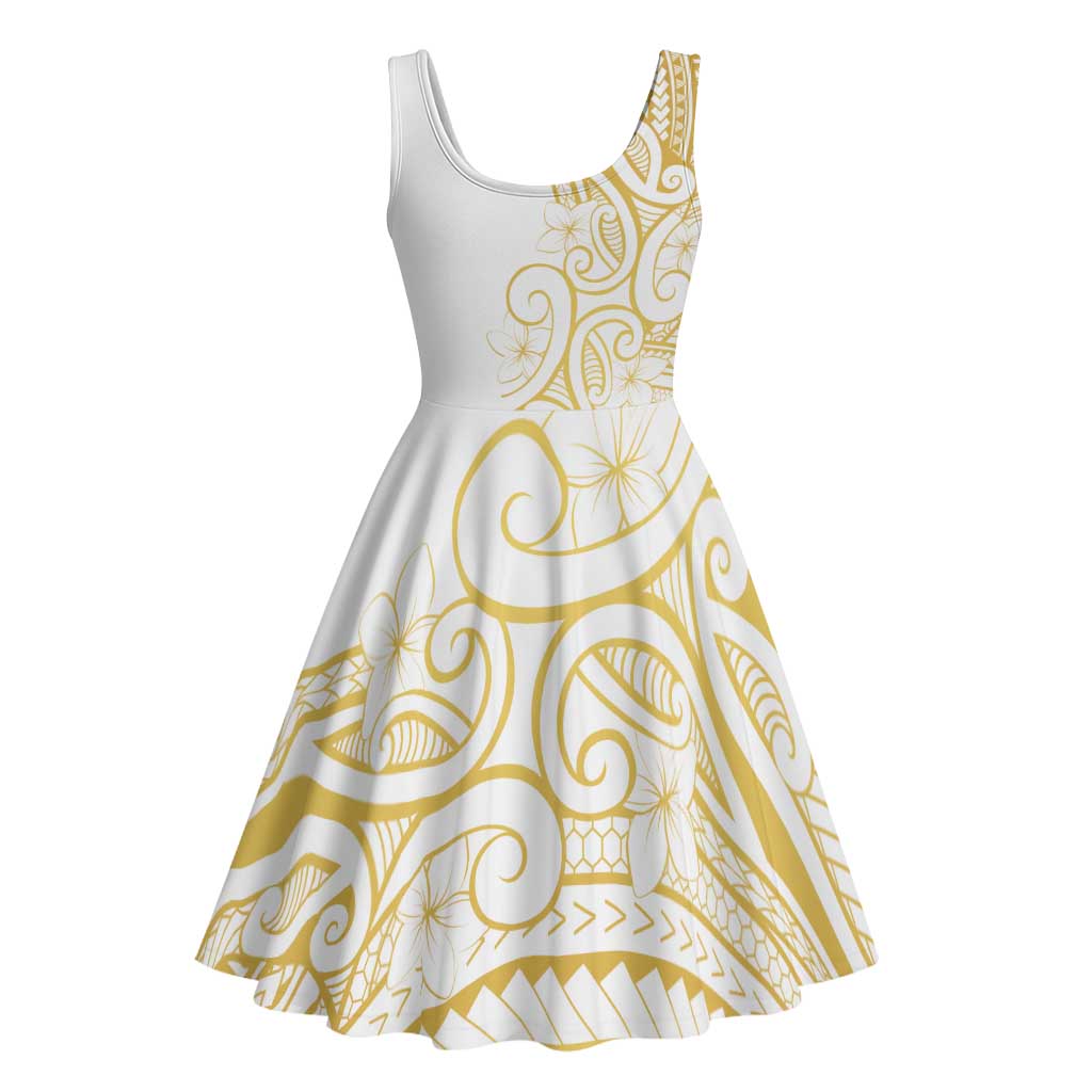 Polynesia White Sunday Midi Dress Plumeria Polynesian Tribal Gold Color LT14 - Polynesian Pride