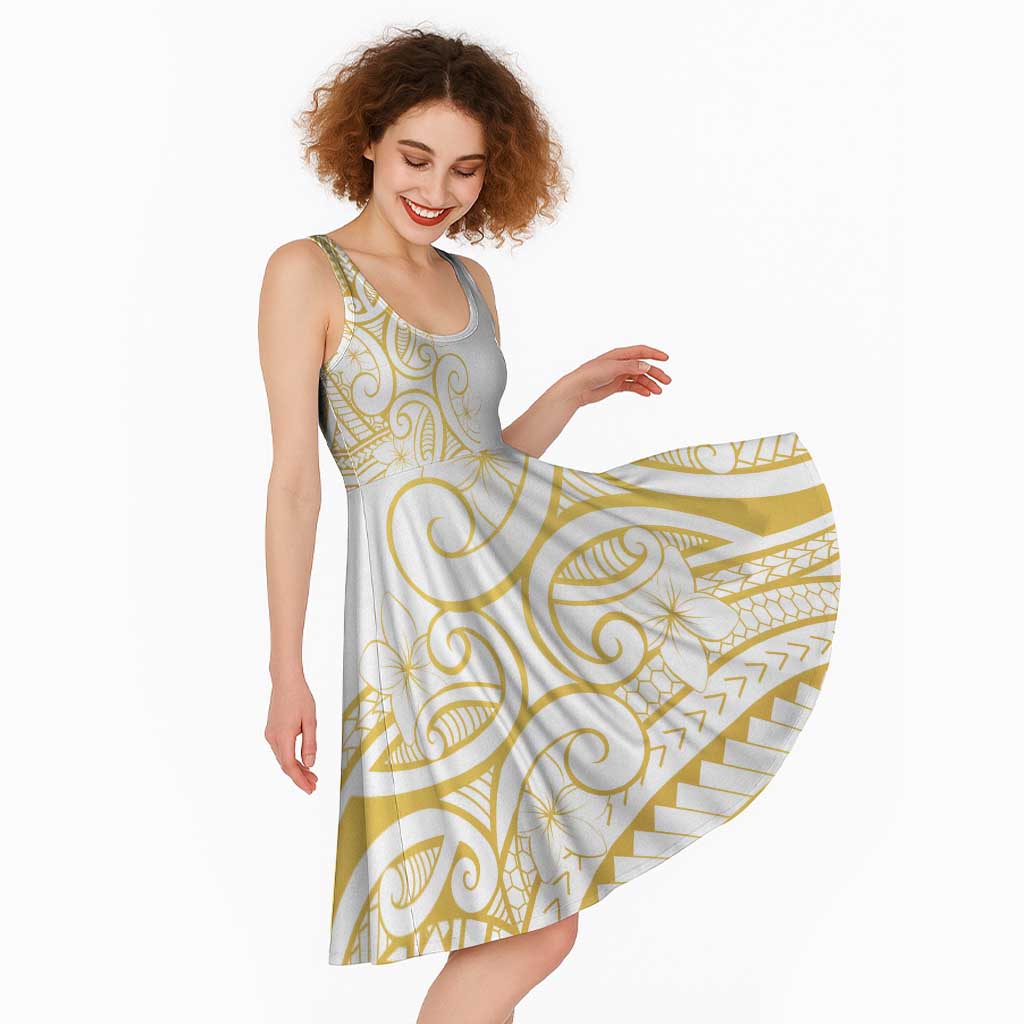 Polynesia White Sunday Midi Dress Plumeria Polynesian Tribal Gold Color LT14 - Polynesian Pride
