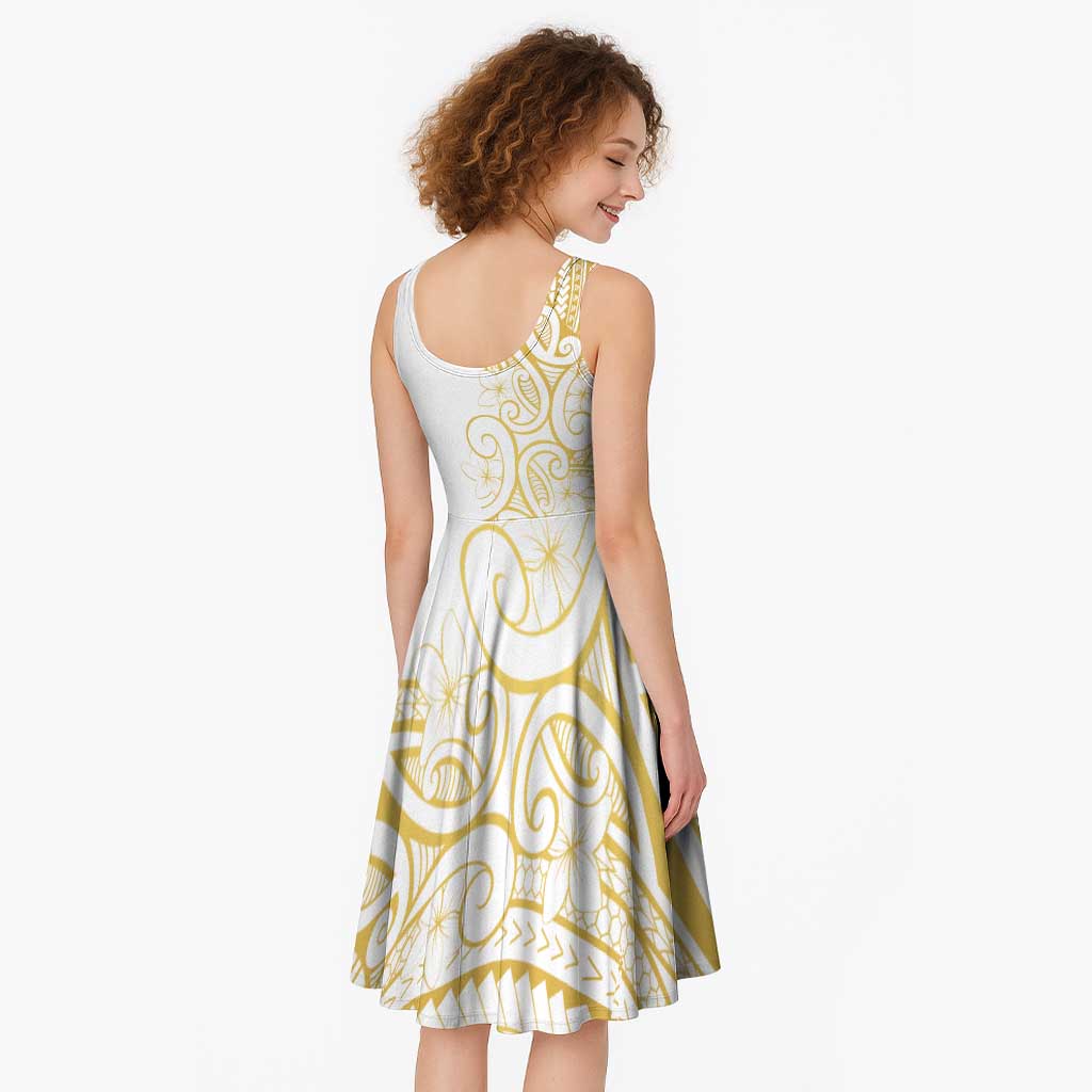Polynesia White Sunday Midi Dress Plumeria Polynesian Tribal Gold Color LT14 - Polynesian Pride