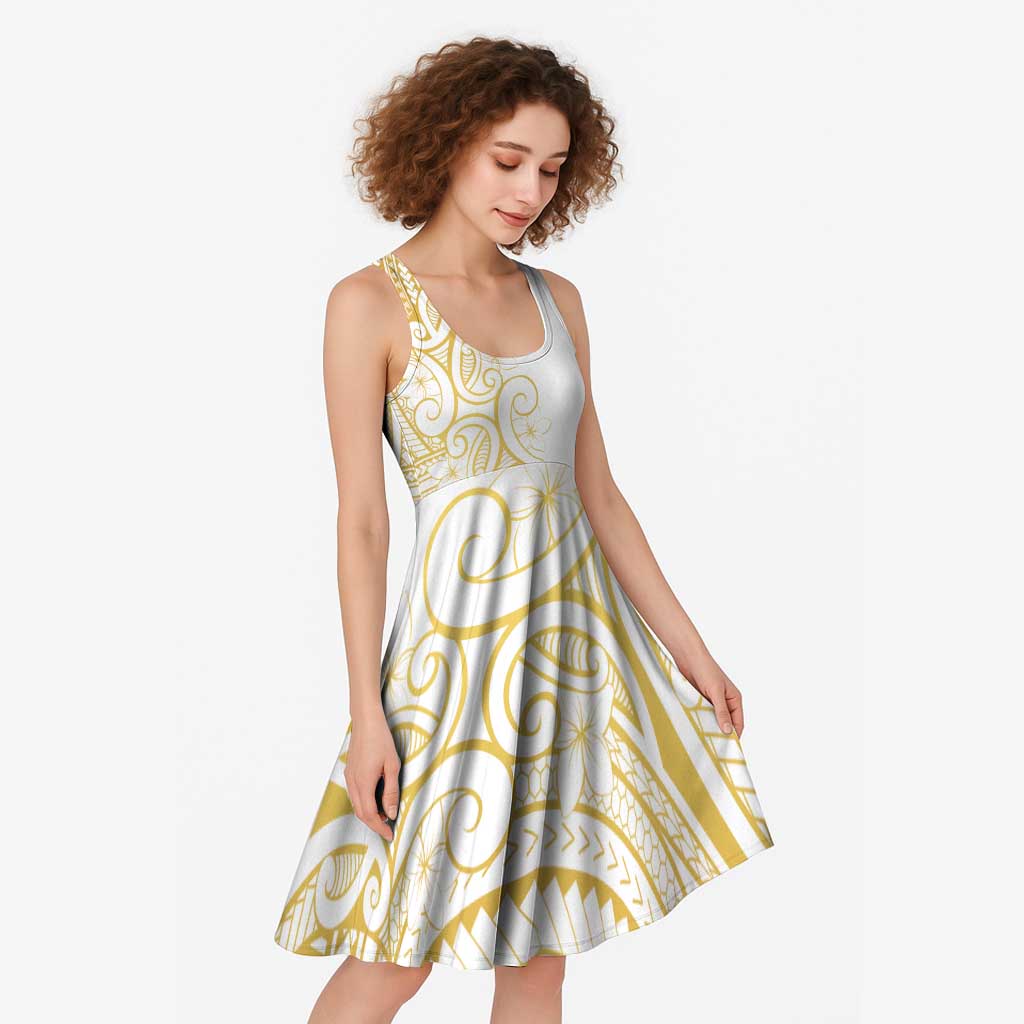 Polynesia White Sunday Midi Dress Plumeria Polynesian Tribal Gold Color LT14 - Polynesian Pride