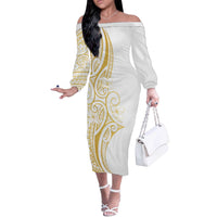 Polynesia White Sunday Off The Shoulder Long Sleeve Dress Plumeria Polynesian Tribal Gold Color - Polynesian Pride