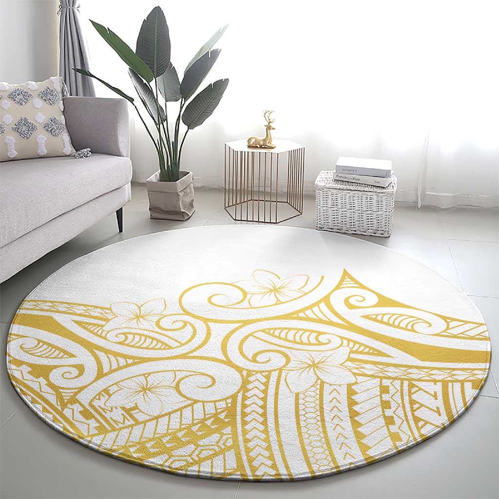 Polynesia White Sunday Round Carpet Plumeria Polynesian Tribal Gold Color LT14 - Polynesian Pride