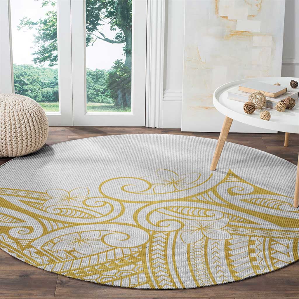 Polynesia White Sunday Round Carpet Plumeria Polynesian Tribal Gold Color LT14 - Polynesian Pride