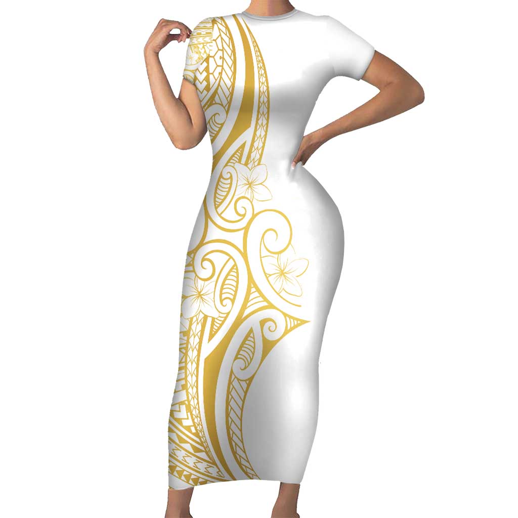 Polynesia White Sunday Short Sleeve Bodycon Dress Plumeria Polynesian Tribal Gold Color - Polynesian Pride